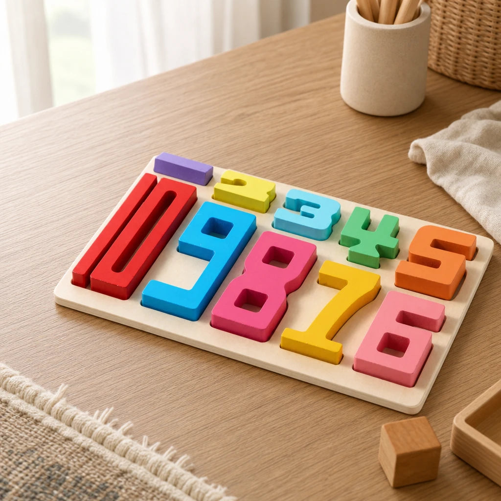 Wooden Number Puzzle 0-9 for Toddlers set out on a real table at home