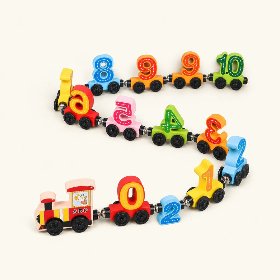 Wooden Number Train - Magnetic Montessori Learning Toy shown complete on a plain background