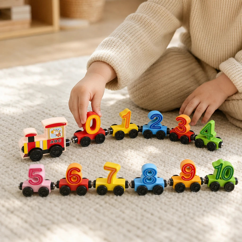 Close-up of a child's hands using the Wooden Number Train - Magnetic Montessori Learning Toy