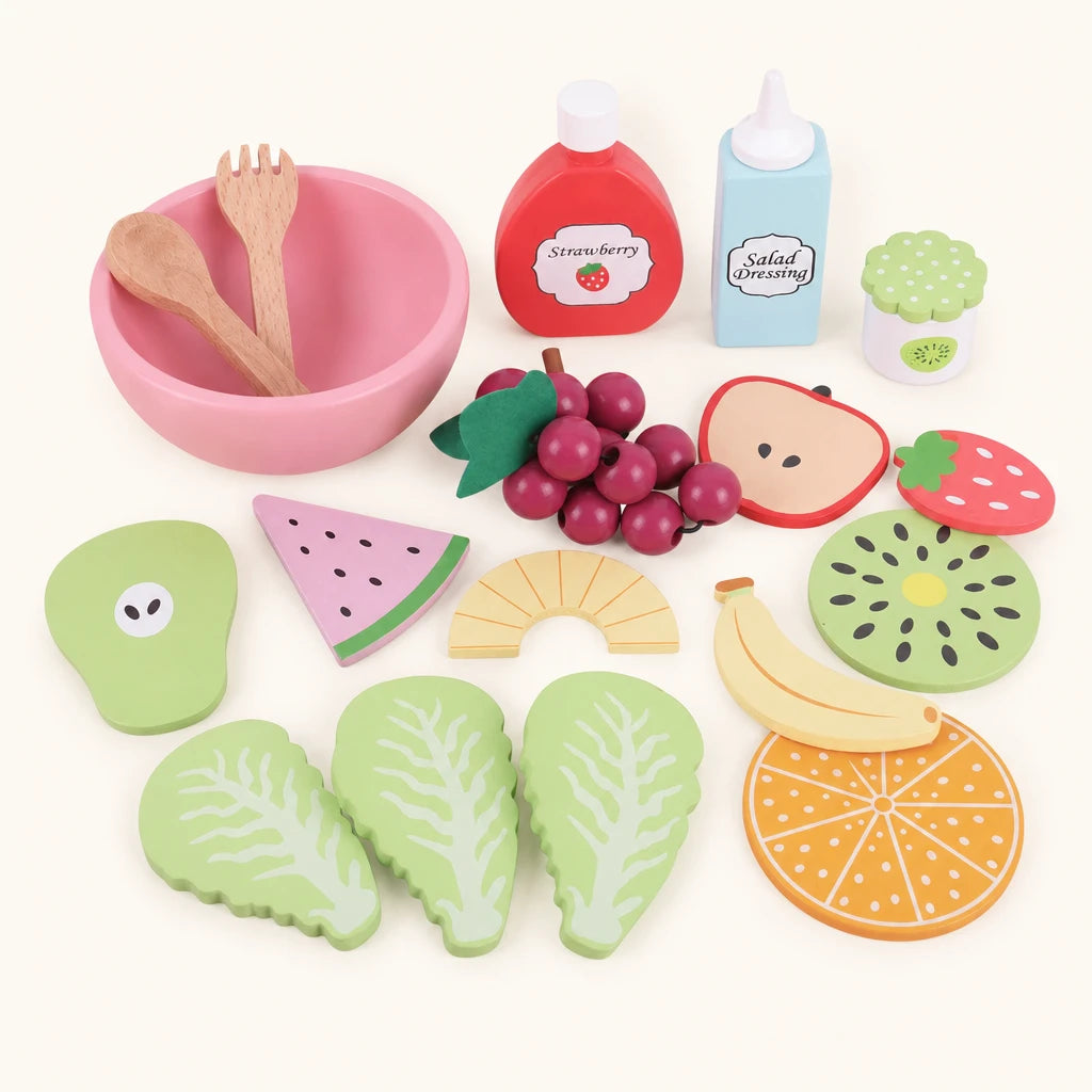 Wooden Play Food Set Fruit Salad Bowl shown complete on a plain background