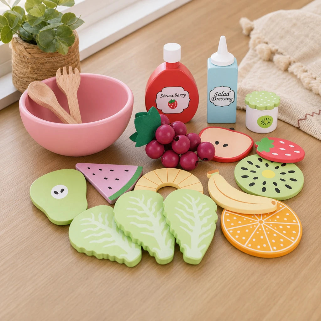 Wooden Play Food Set Fruit Salad Bowl set out on a real table at home