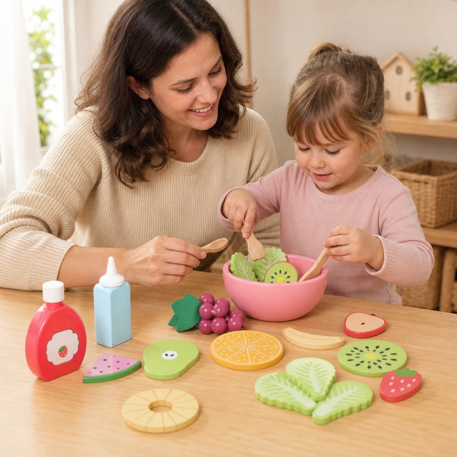 Child playing with the Wooden Play Food Set Fruit Salad Bowl