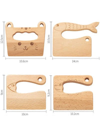 Four wooden play knife shapes shown with their dimensions