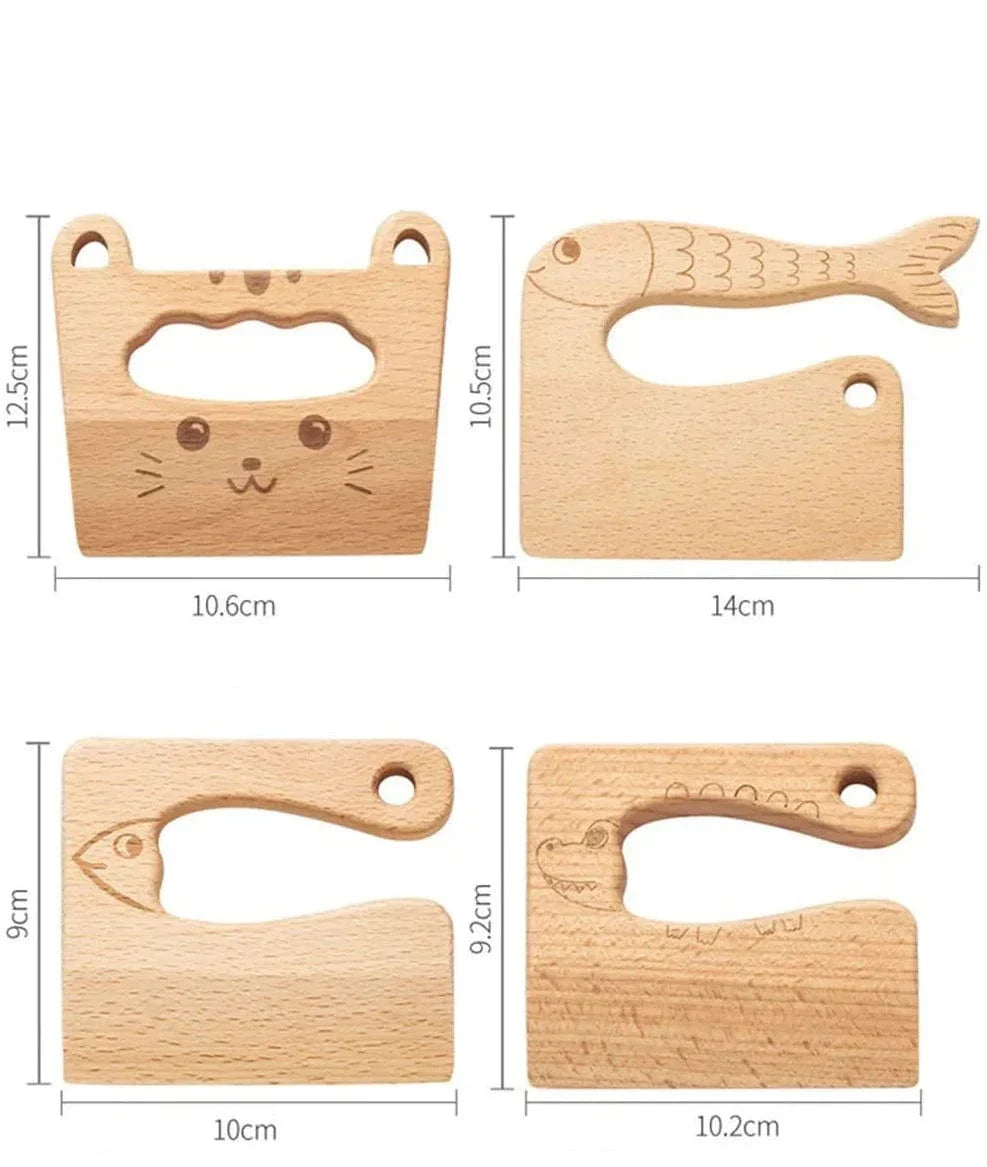Four wooden play knife shapes shown with their dimensions