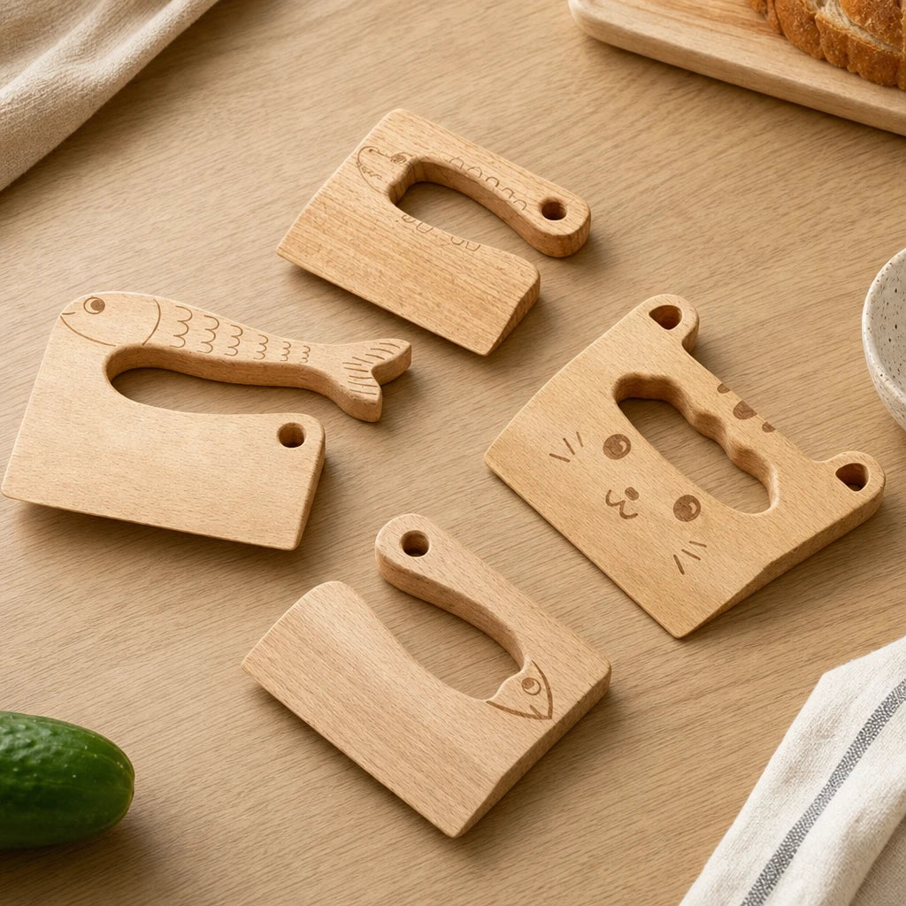 Wooden Play Knife Set Animal Shapes set out on a real table at home
