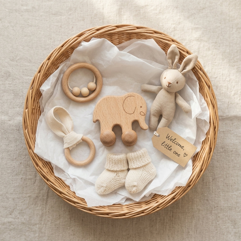 Gift basket with wooden elephant toy, teething rings and socks