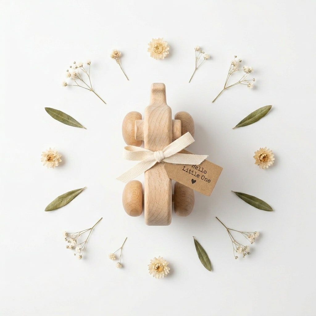 Wooden elephant toy tied with a ribbon and framed by dried flowers