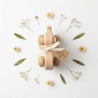 Wooden elephant toy tied with a ribbon and framed by dried flowers