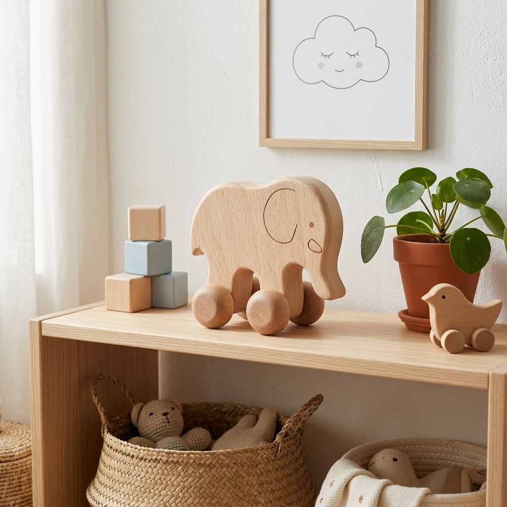 Wooden elephant push toy on a shelf beside blocks and a plant