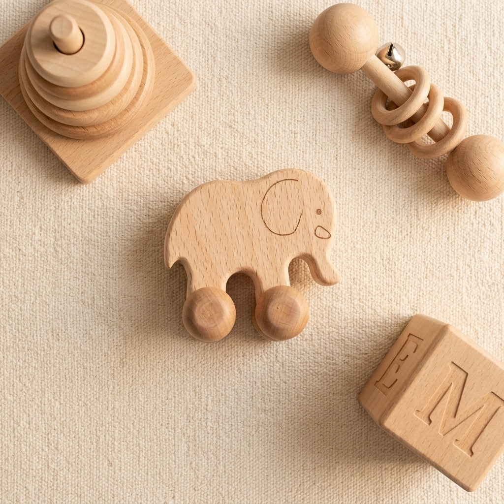 Wooden elephant push toy beside a stacker and rattle on linen