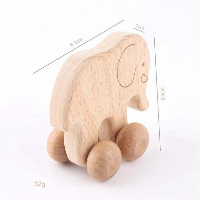 Wooden elephant push toy on wheels with dimensions