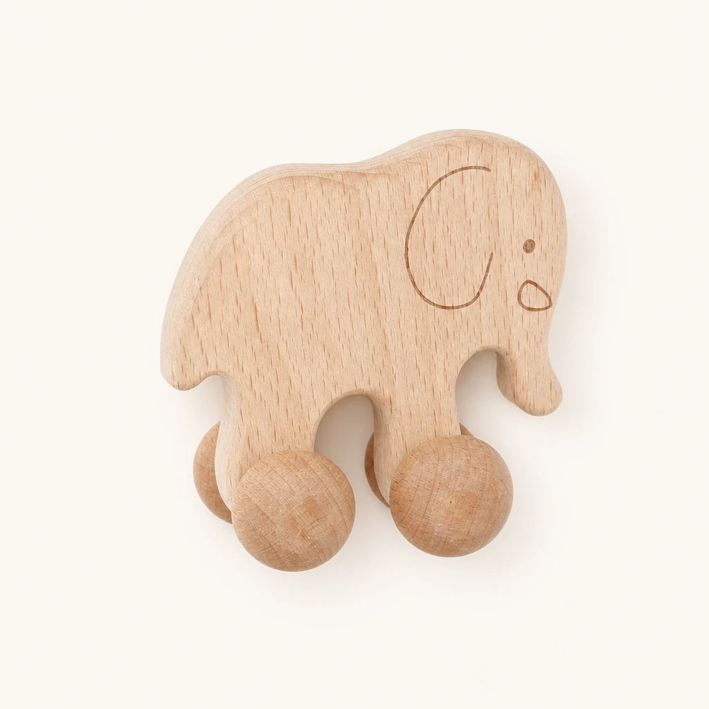 Wooden Push Toy Elephant on Wheels shown complete on a plain background