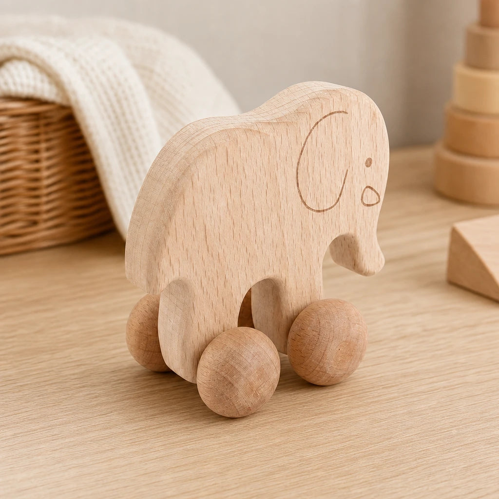 Wooden Push Toy Elephant on Wheels set out on a real table at home