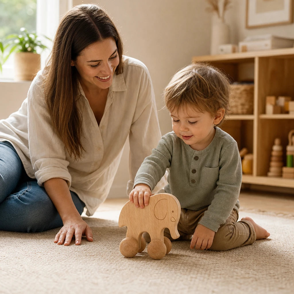 Child playing with the Wooden Push Toy Elephant on Wheels