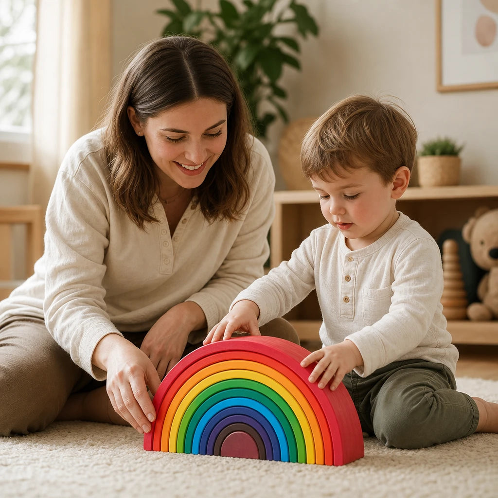 Child playing with the Wooden Rainbow Stacker - 12 Arches Large