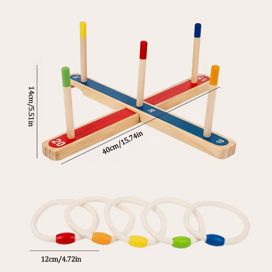 Ring toss set with dimensions and five coloured rings