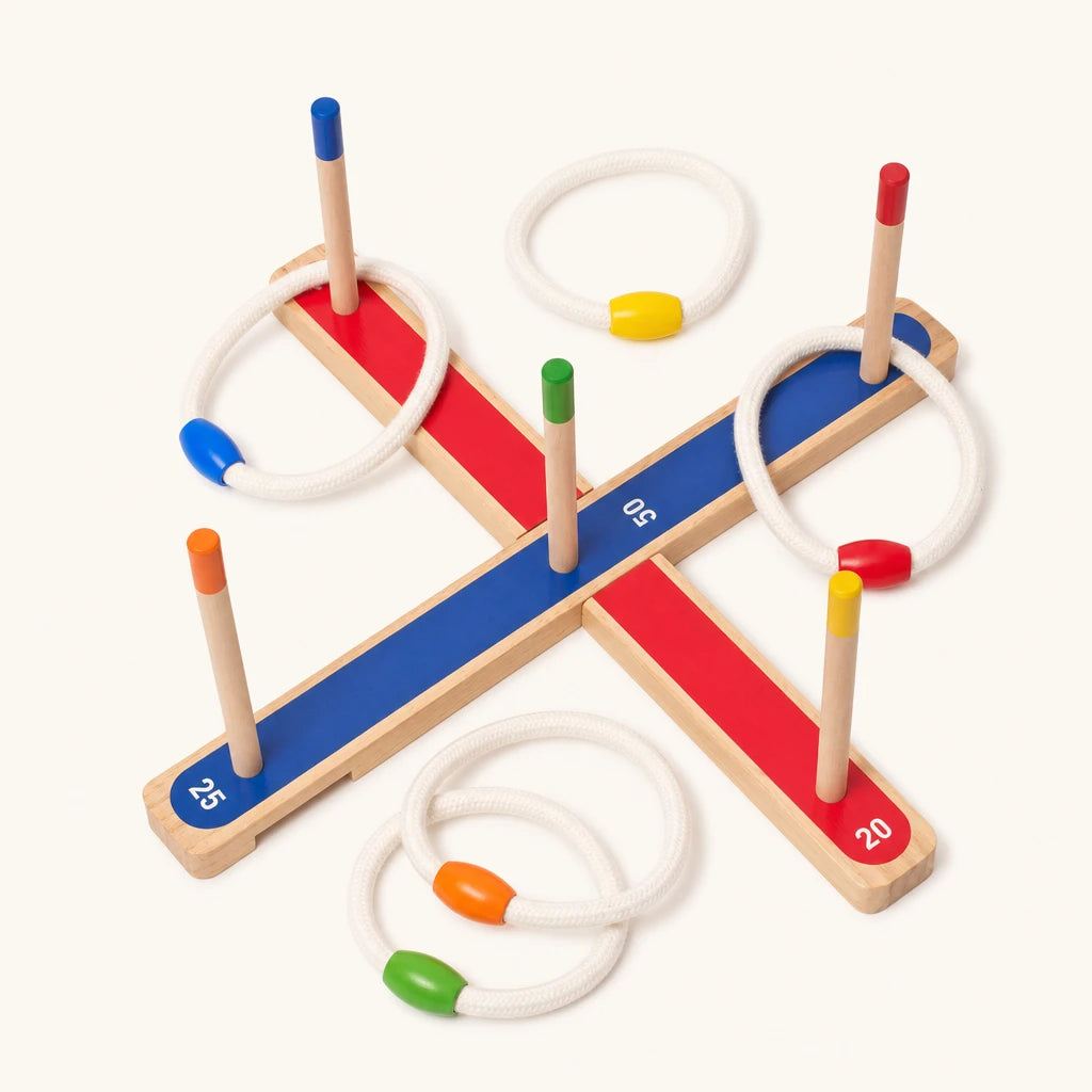 Wooden Ring Toss Scoring Game shown complete on a plain background