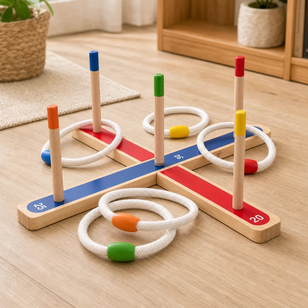 Wooden Ring Toss Scoring Game set out on a real table at home