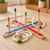 Wooden Ring Toss Scoring Game set out on a real table at home