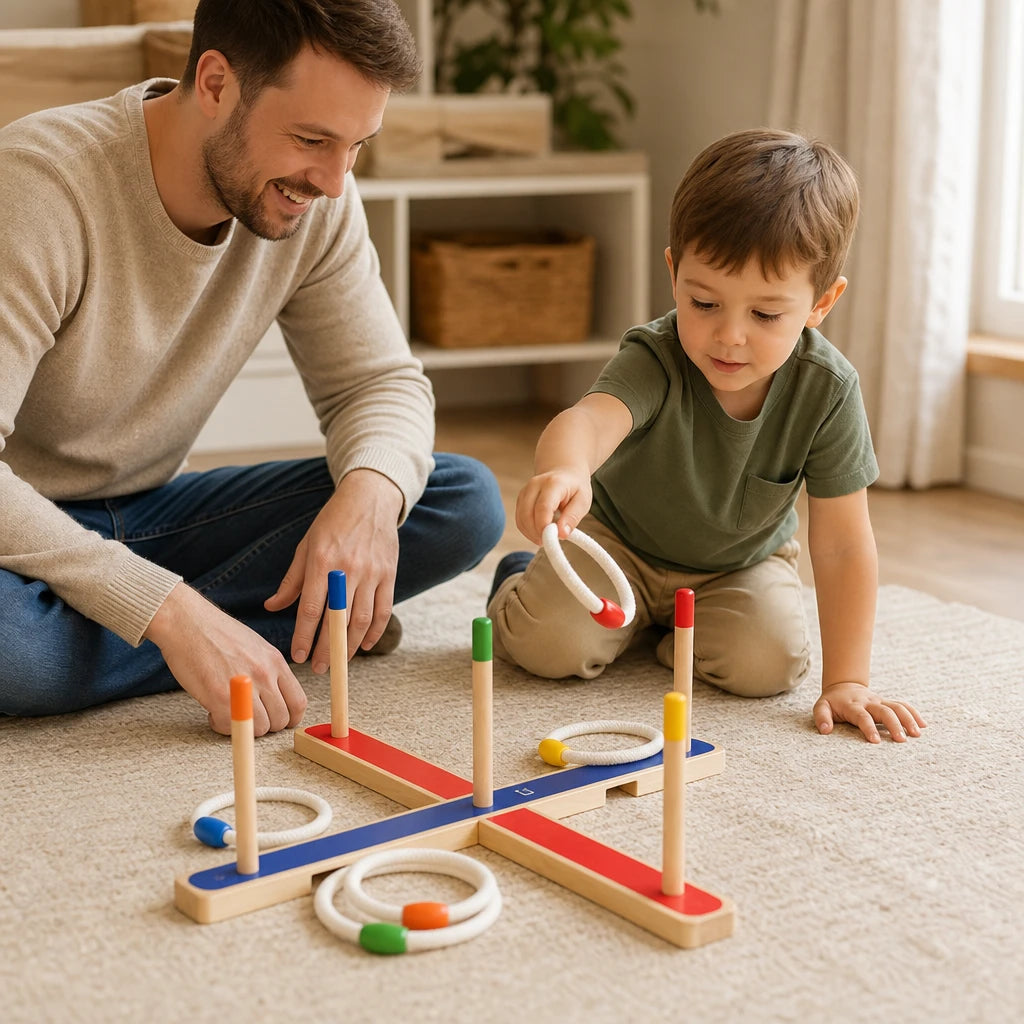 Child playing with the Wooden Ring Toss Scoring Game