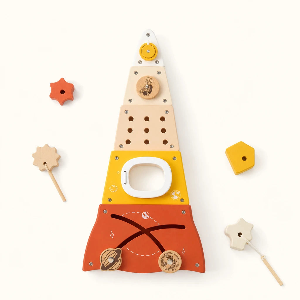 Wooden Rocket Stacker 5-Piece Activity Tower shown complete on a plain background