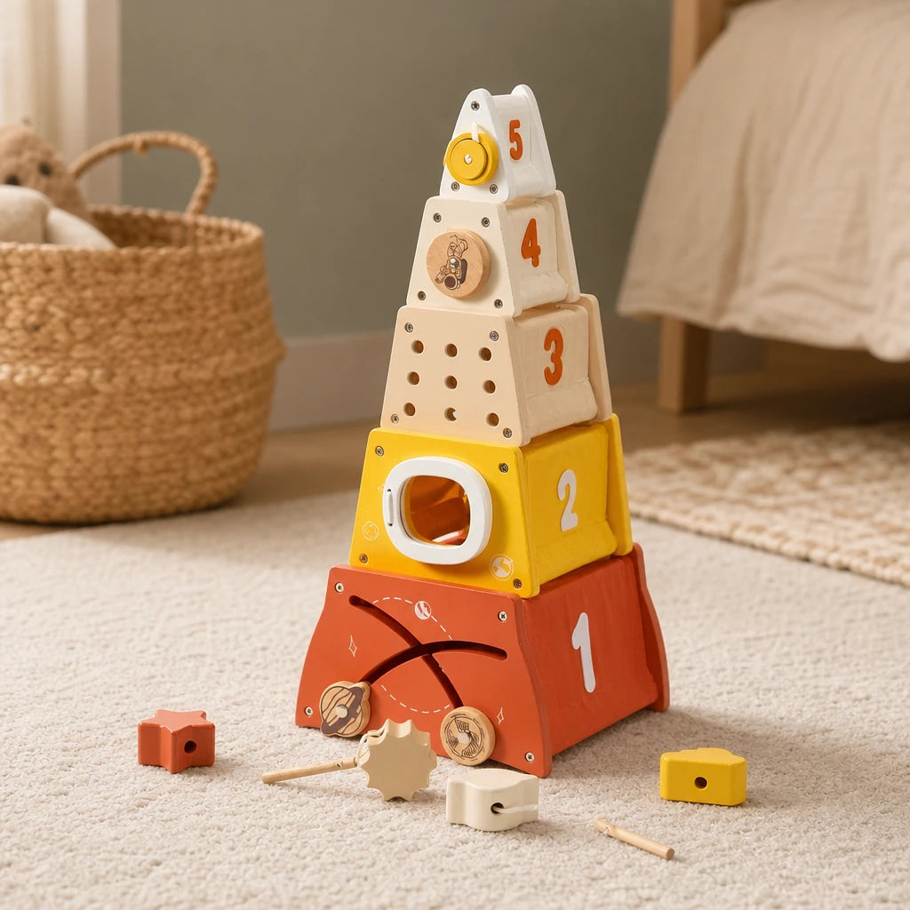 Wooden Rocket Stacker 5-Piece Activity Tower set out on a real table at home