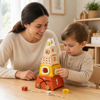 Child playing with the Wooden Rocket Stacker 5-Piece Activity Tower