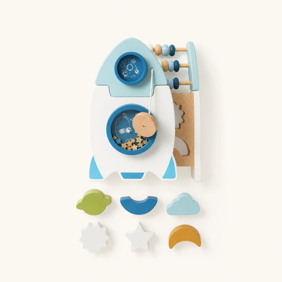 Wooden Rocket Toy Space Explorer Activity Center shown complete on a plain background