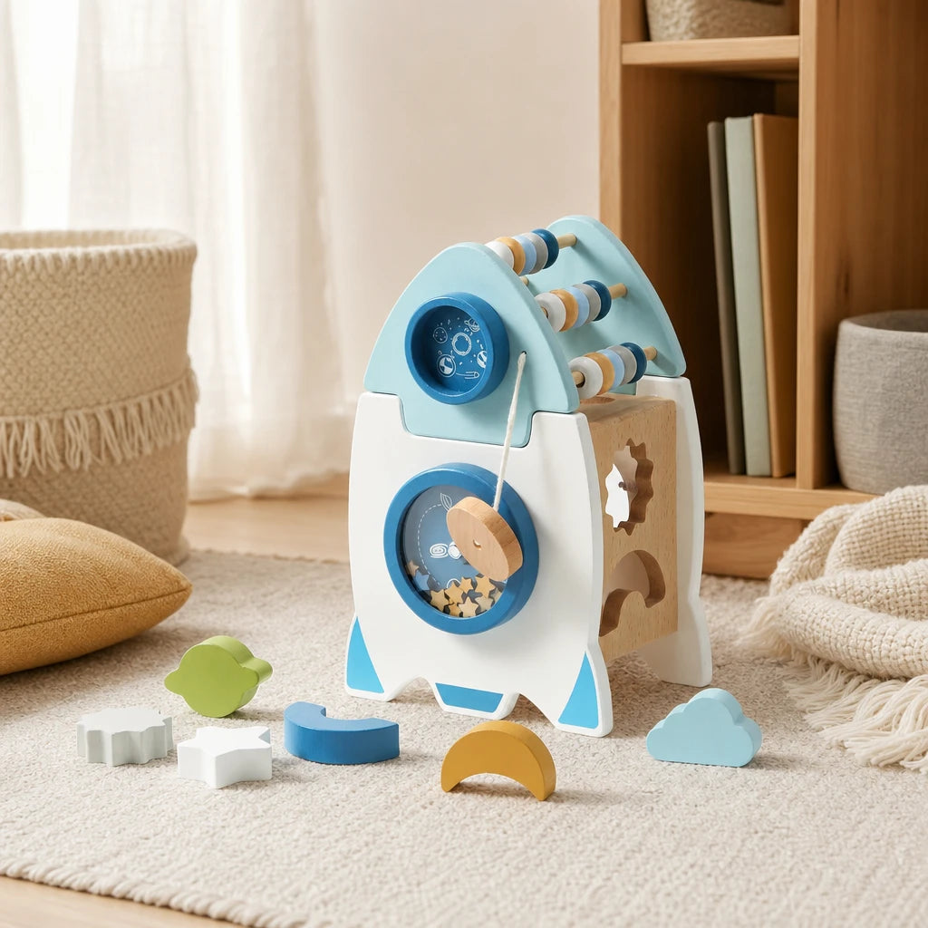Wooden Rocket Toy Space Explorer Activity Center set out on a real table at home