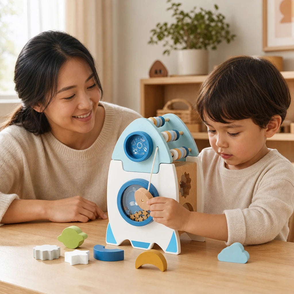 Child playing with the Wooden Rocket Toy Space Explorer Activity Center