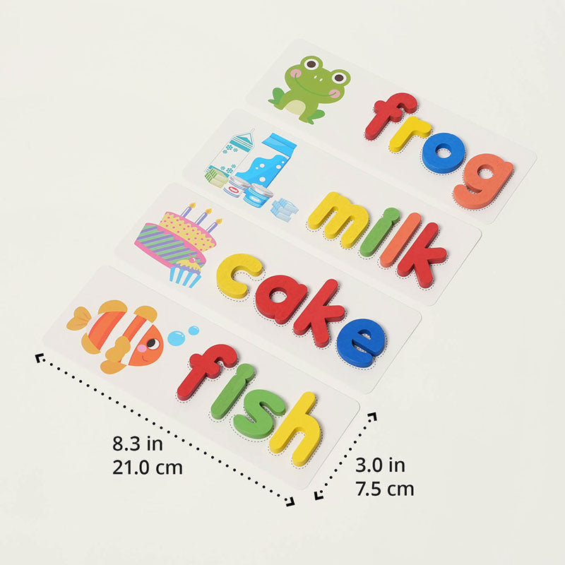 Spelling game word cards for frog, milk, cake and fish, shown with dimensions
