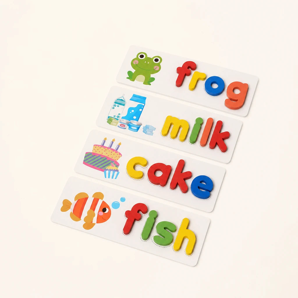Wooden Spelling Game – Montessori Letter Matching shown complete on a plain background