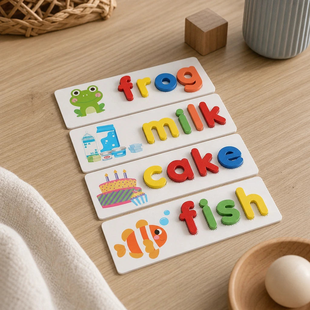 Wooden Spelling Game – Montessori Letter Matching set out on a real table at home