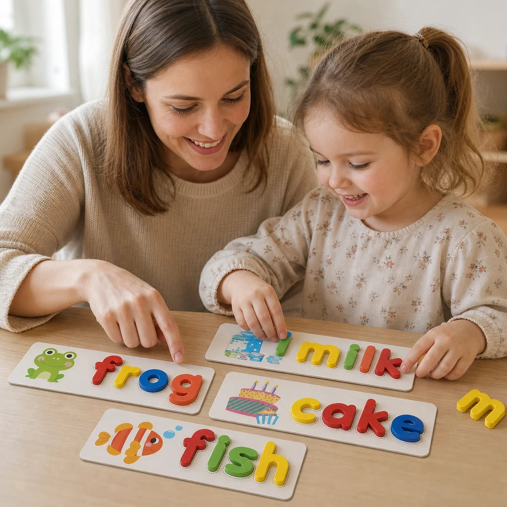 Child playing with the Wooden Spelling Game – Montessori Letter Matching