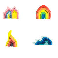 Four stacking puzzle designs in rainbow, house, flame and wave shapes