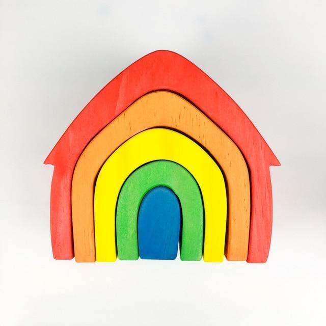 Rainbow house-shaped wooden stacking puzzle
