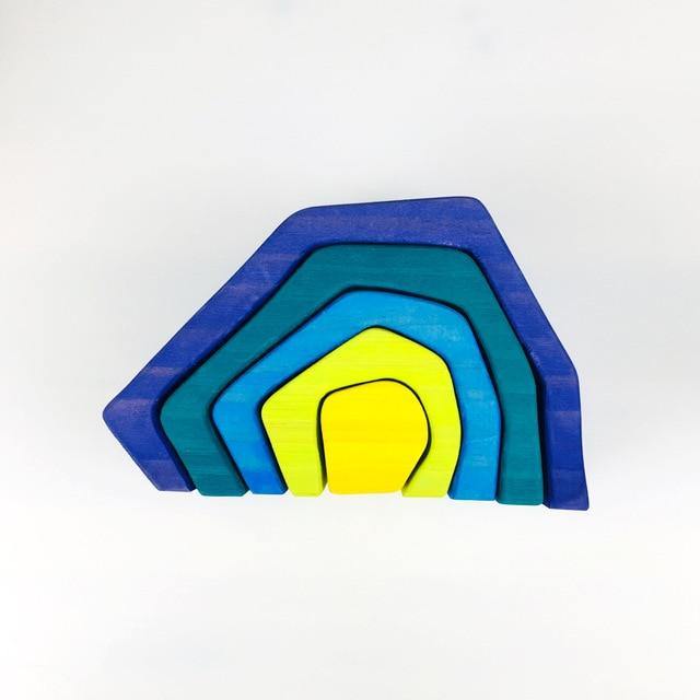 Blue and yellow house-shaped wooden stacking puzzle