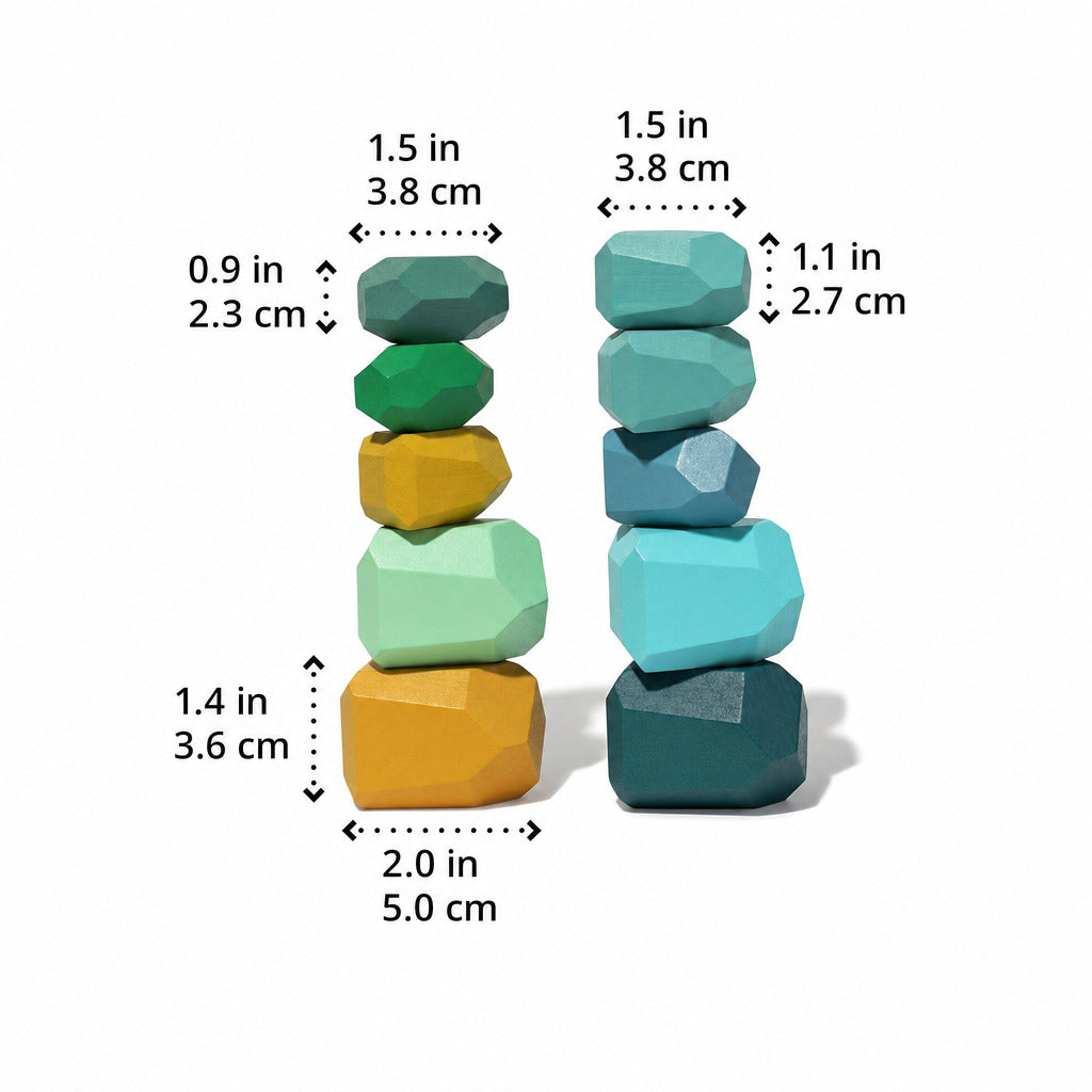 Size chart of the wooden stacking stones in inches and centimetres