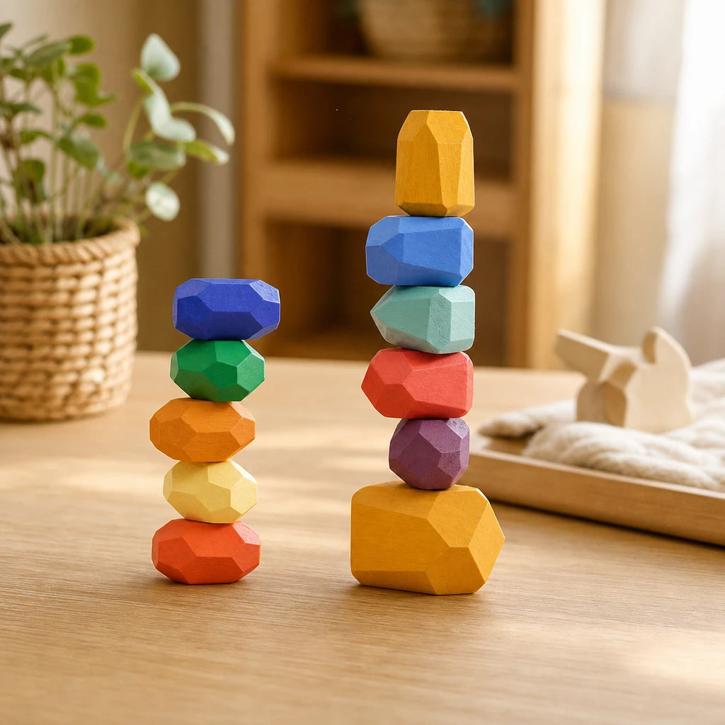 Wooden Stacking Stones 21-Piece Montessori Set set out on a real table at home