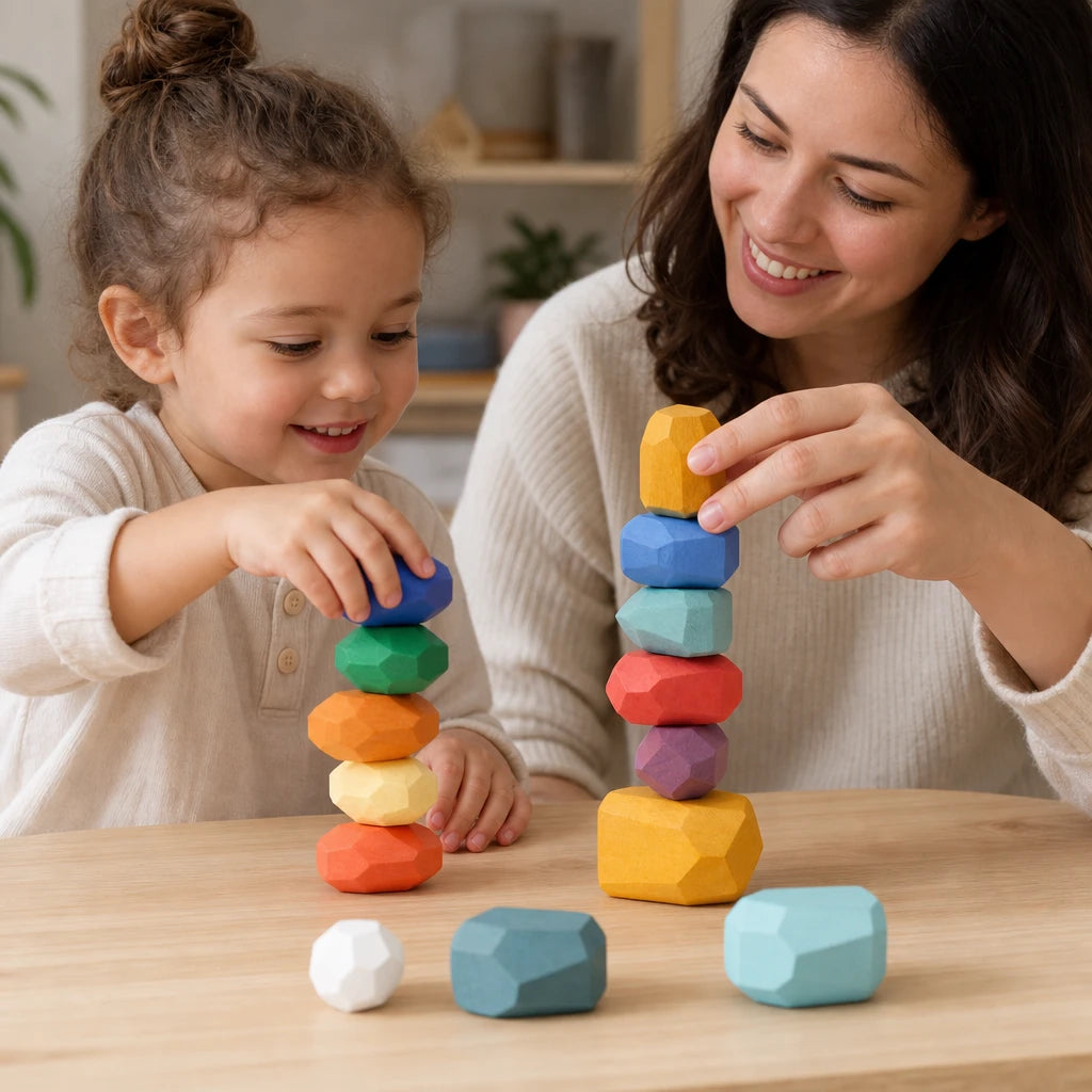 Child playing with the Wooden Stacking Stones 21-Piece Montessori Set