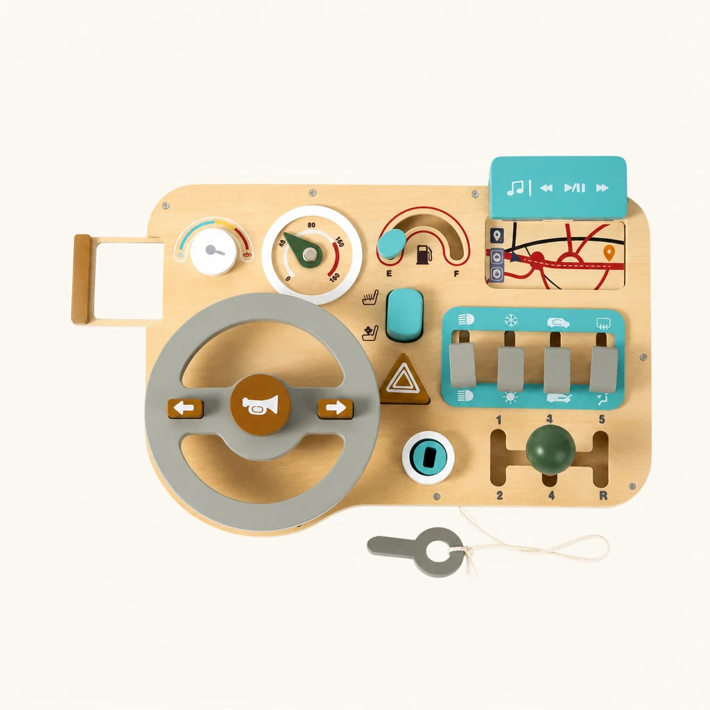 Wooden Steering Wheel Toy Dashboard for Toddlers shown complete on a plain background