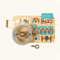 Wooden Steering Wheel Toy Dashboard for Toddlers shown complete on a plain background