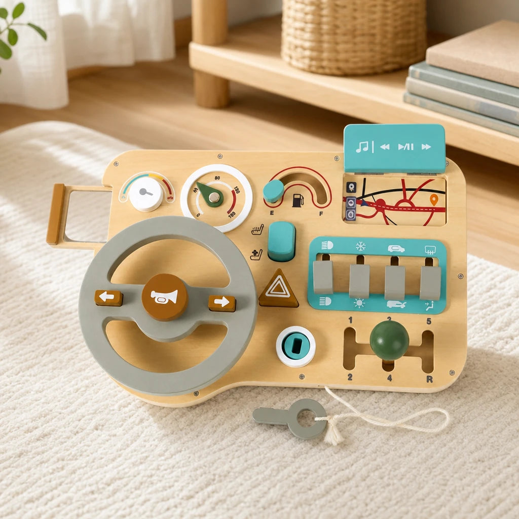 Wooden Steering Wheel Toy Dashboard for Toddlers set out on a real table at home