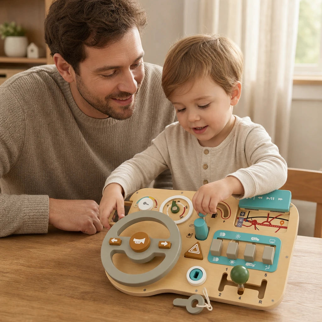 Child playing with the Wooden Steering Wheel Toy Dashboard for Toddlers