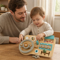 Child playing with the Wooden Steering Wheel Toy Dashboard for Toddlers