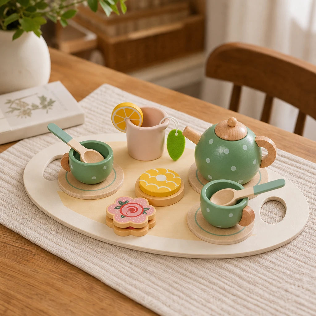 Wooden Tea Set 15-Piece Montessori Play shown on a real table surface