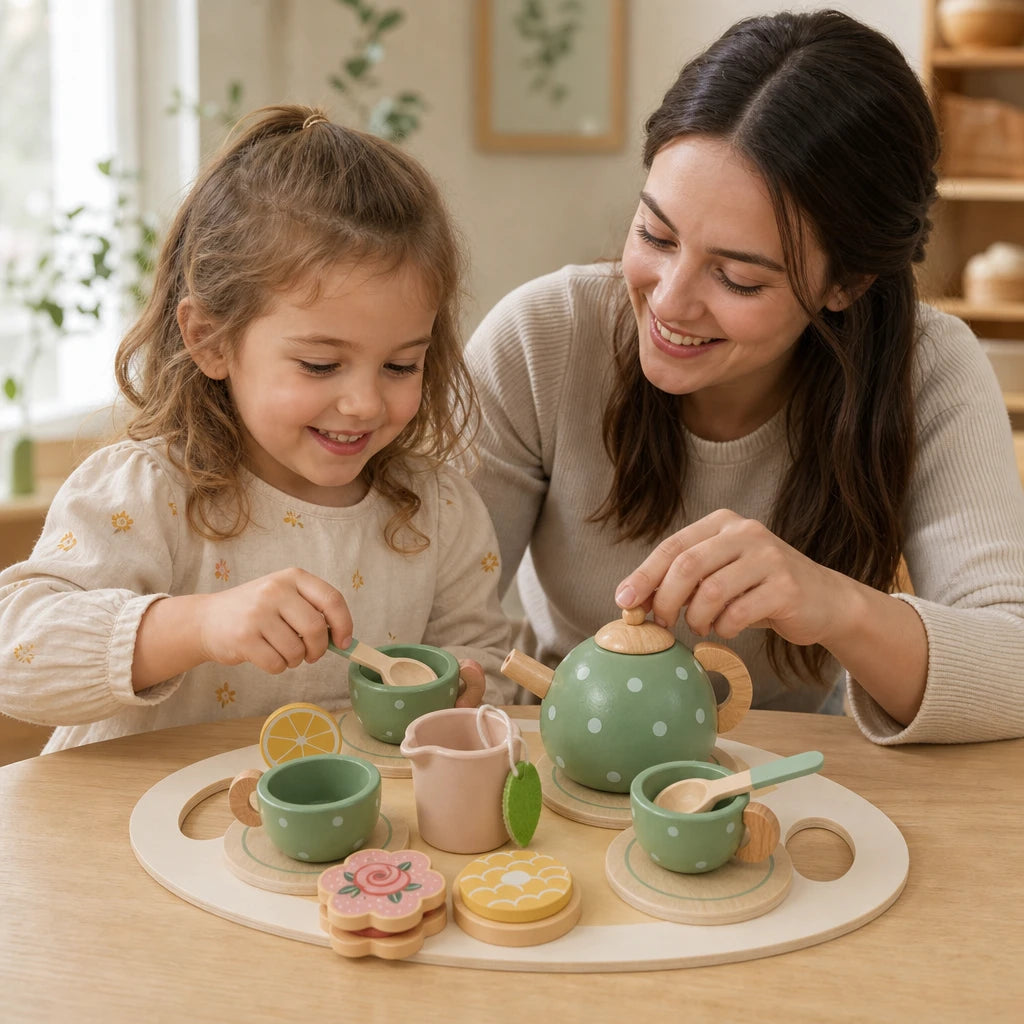 Child using the Wooden Tea Set 15-Piece Montessori Play