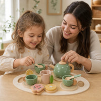 Child using the Wooden Tea Set 15-Piece Montessori Play