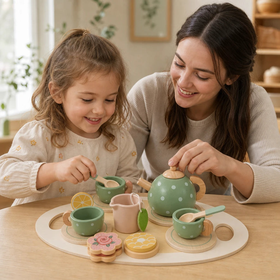 Child using the Wooden Tea Set 15-Piece Montessori Play