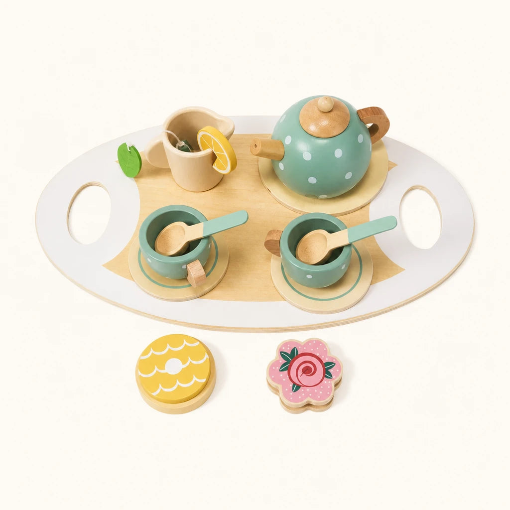 Wooden Tea Set for Pretend Play shown complete on a plain background